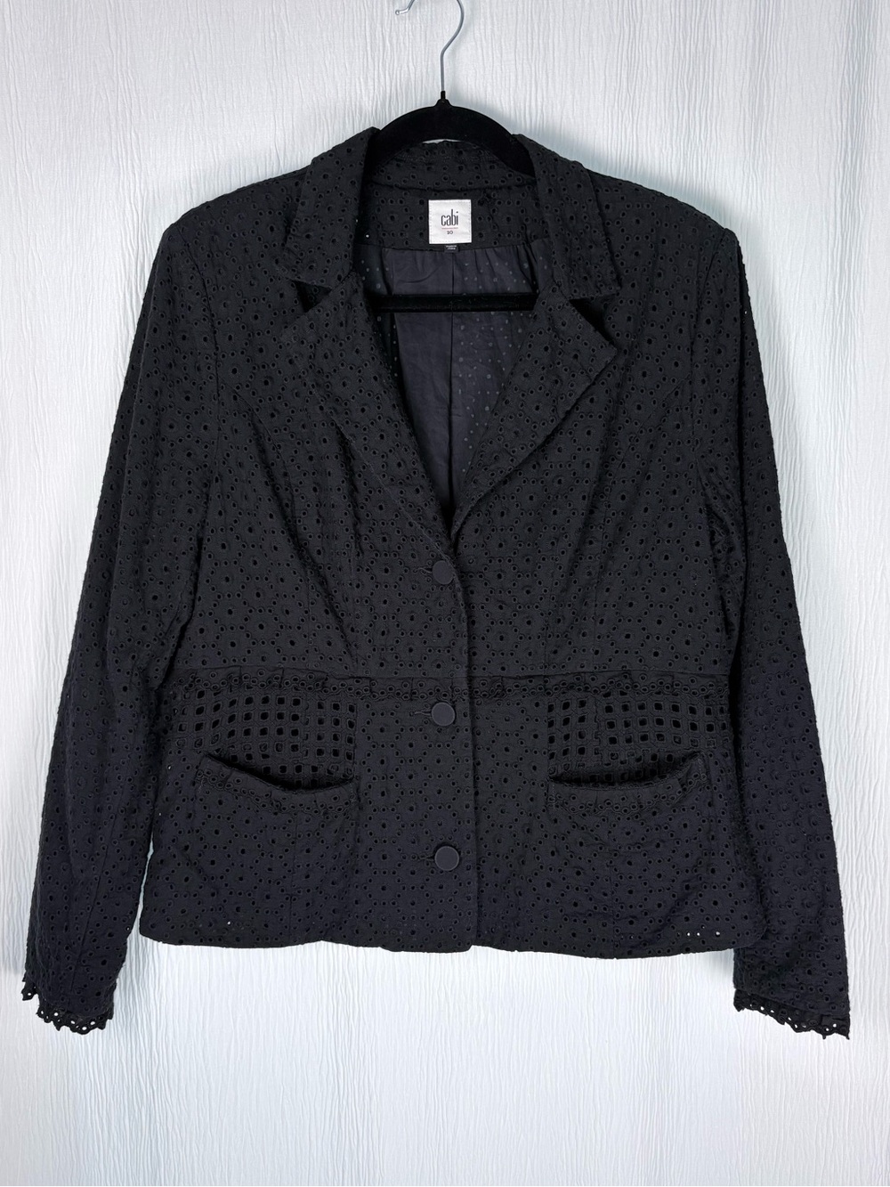 Cabi Black Blazer, Lightweight Cotton Eyelet, Size 10